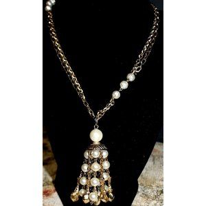 CORO Gold & Pearl Bead Necklace Waterfall Dangle Vintage Designer Signed 16.5"